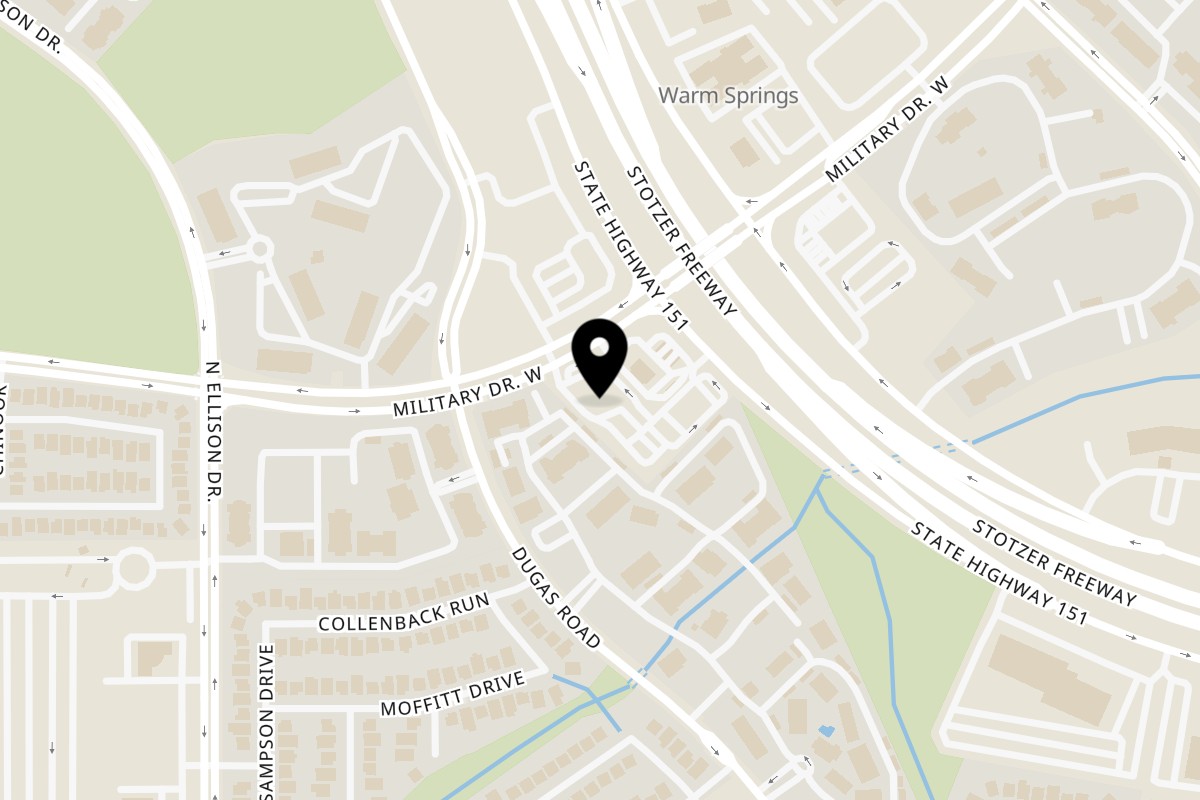 Map showing the location of Mattenga's Pizzeria Military Dr. (near SeaWorld) on 10222 W Military Dr Ste 111 in San Antonio